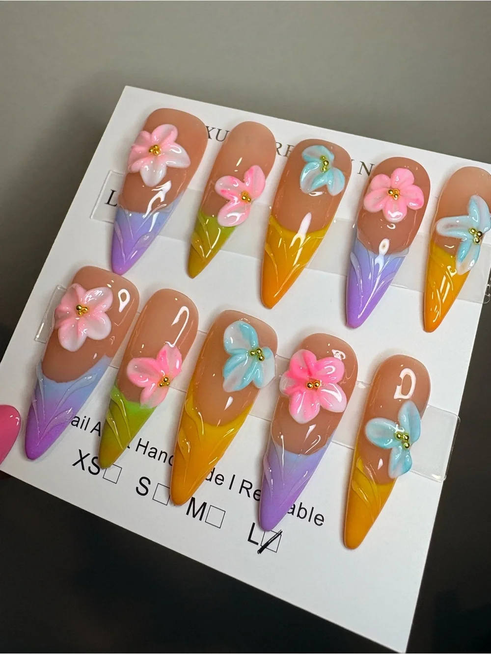 Handmade Floral Ombre Stiletto Press-On Nails - Pink Blue Yellow Flowers